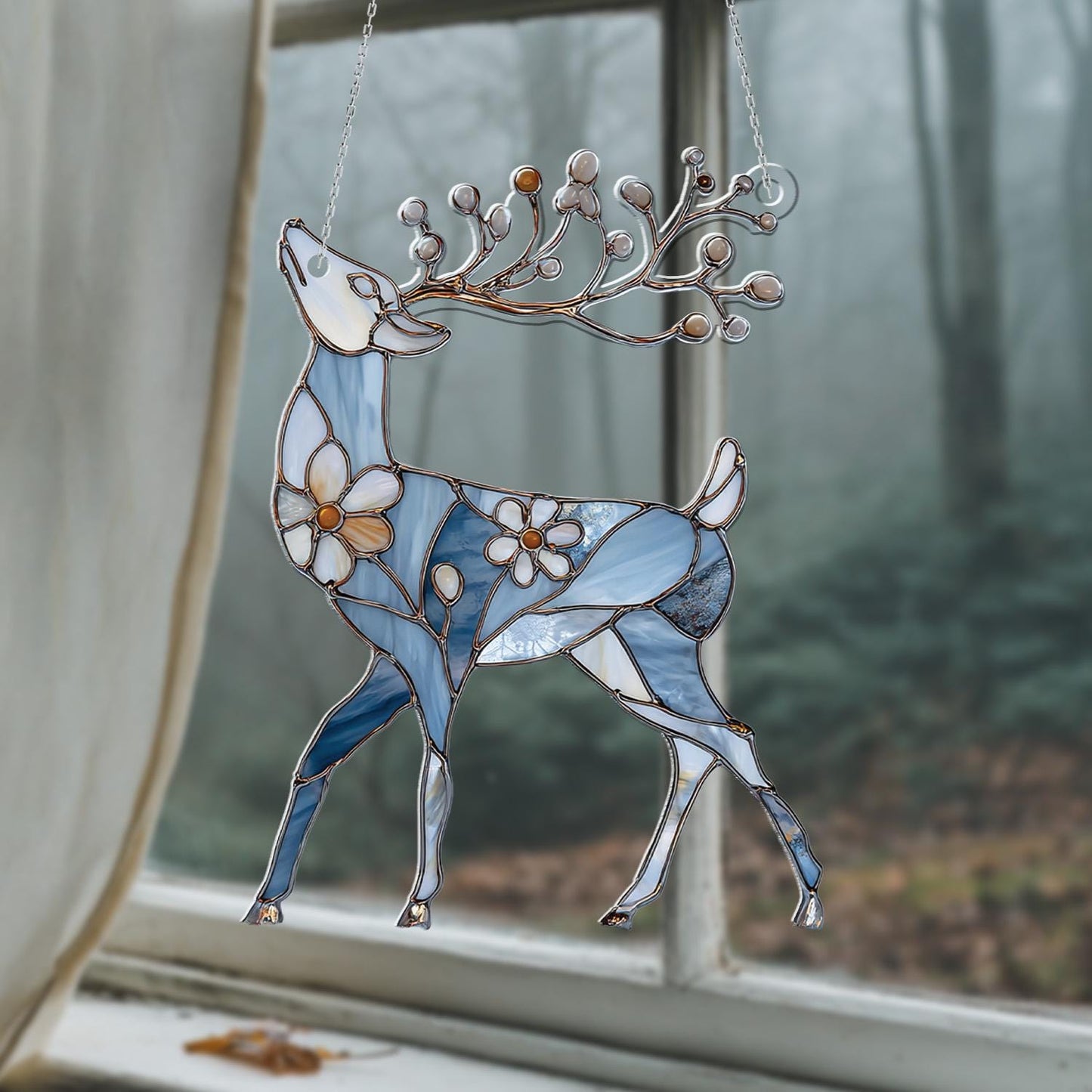 Elegant Blue Reindeer Window Hanging With Floral And Pinecone Details, Winter Wonderland Décor For Festive And Cozy Seasonal Charm
