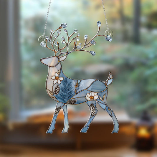 Elegant Blue Reindeer Window Hanging With Floral And Pinecone Details, Winter Wonderland Décor For Festive And Cozy Seasonal Charm