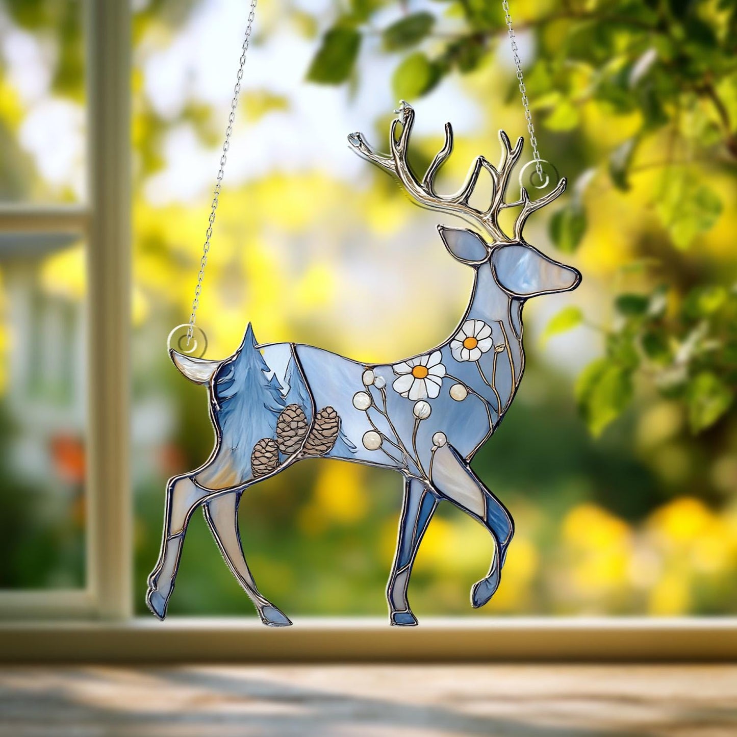 Elegant Blue Reindeer Window Hanging With Floral And Pinecone Details, Winter Wonderland Décor For Festive And Cozy Seasonal Charm