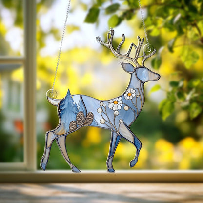 Elegant Blue Reindeer Window Hanging With Floral And Pinecone Details, Winter Wonderland Décor For Festive And Cozy Seasonal Charm