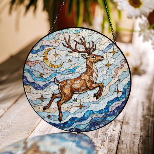 Suncatcher stained glass leaping deer moon and stars Christmas gift for mom