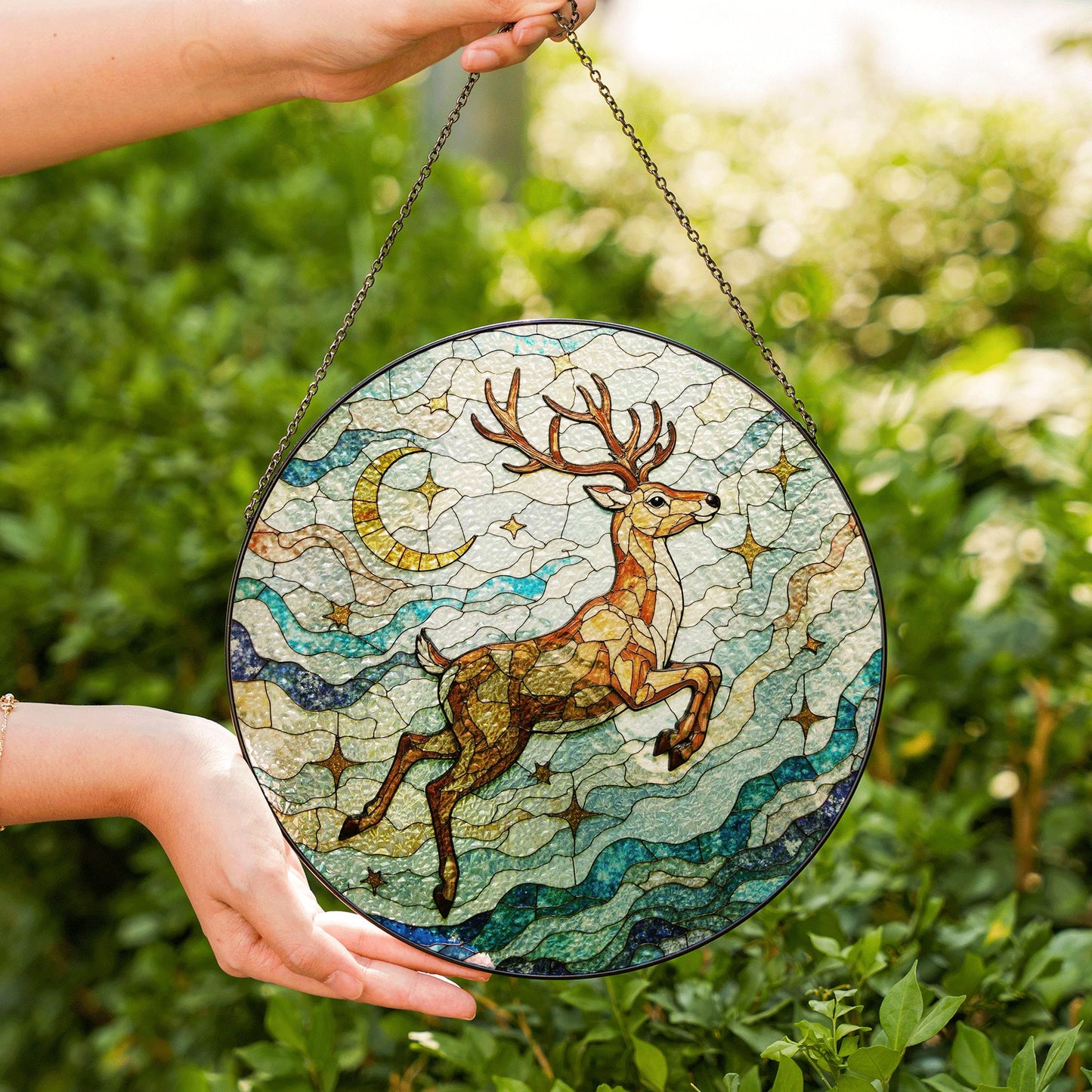 Suncatcher stained glass leaping deer moon and stars Christmas gift for mom
