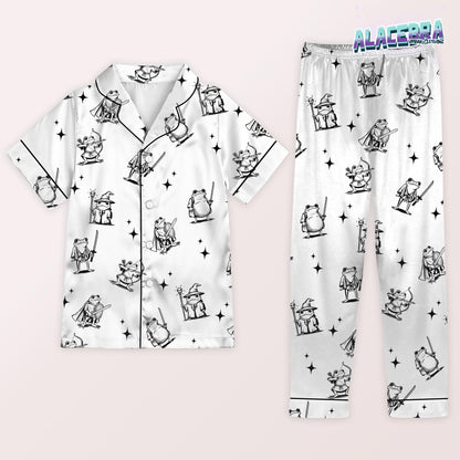 Fantasy Frog Pajama Set | Cute Wizard And Warrior Frog Sleepwear | Short Sleeve & Shorts Lounge Set | Kawaii Cozy Nightwear