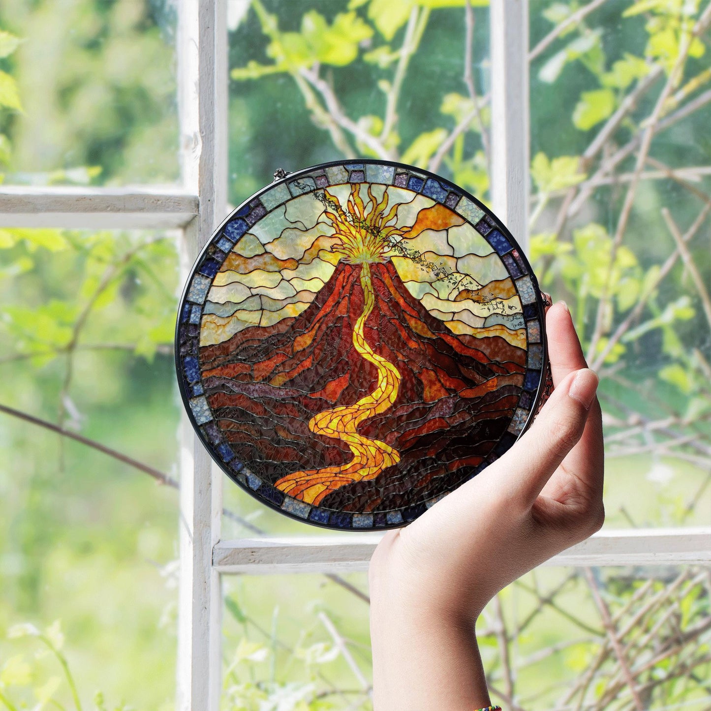 Suncatcher stained glass volcano eruption with flowing lava housewarming gift for mom birthday gift