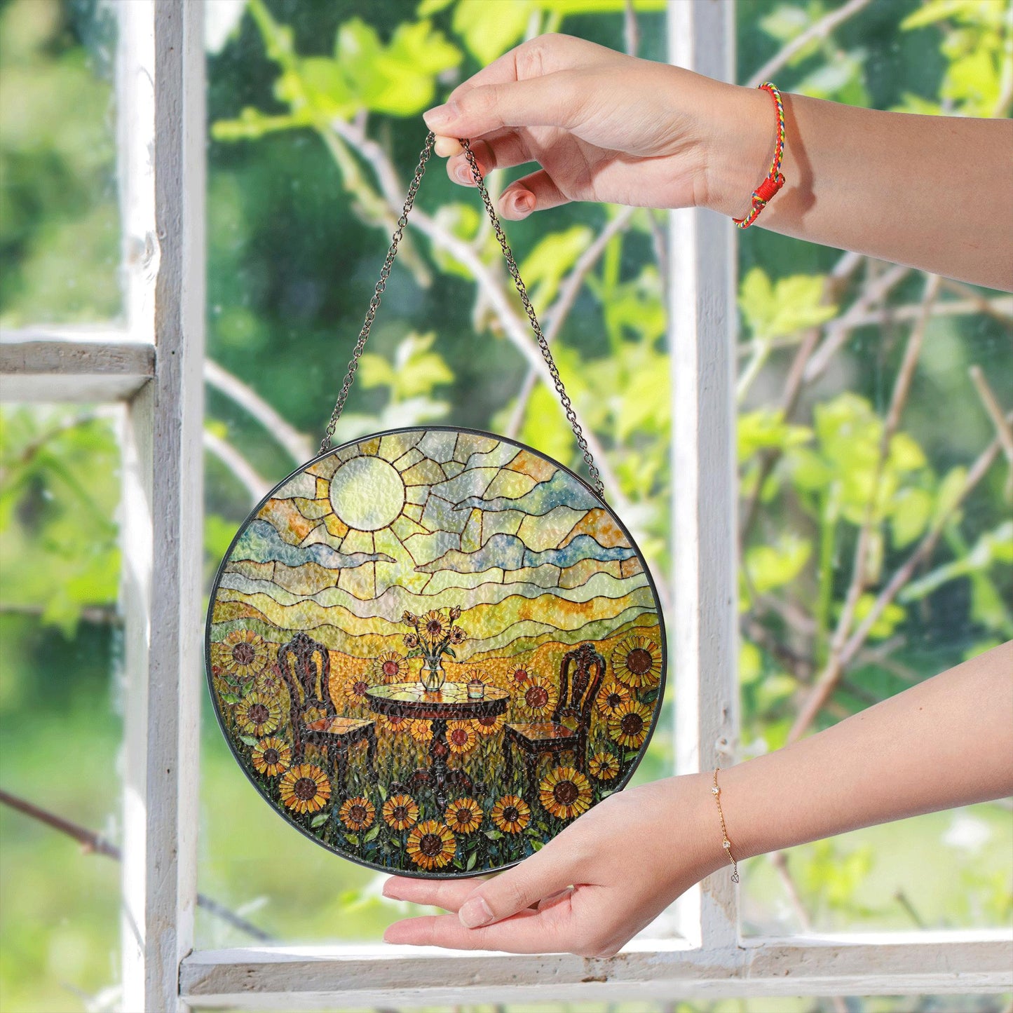 Suncatcher stained glass sunflower garden table scene gift for mom Mothers Day gift housewarming gift