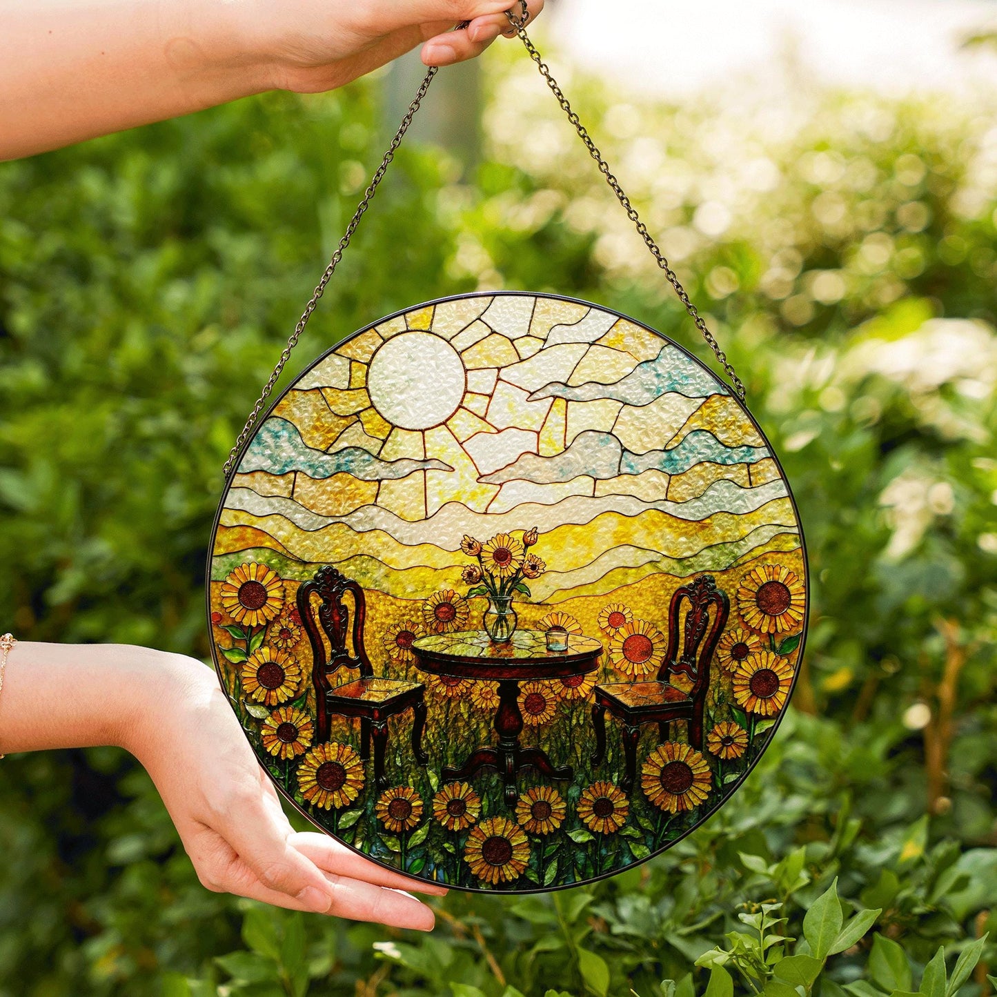 Suncatcher stained glass sunflower garden table scene gift for mom Mothers Day gift housewarming gift