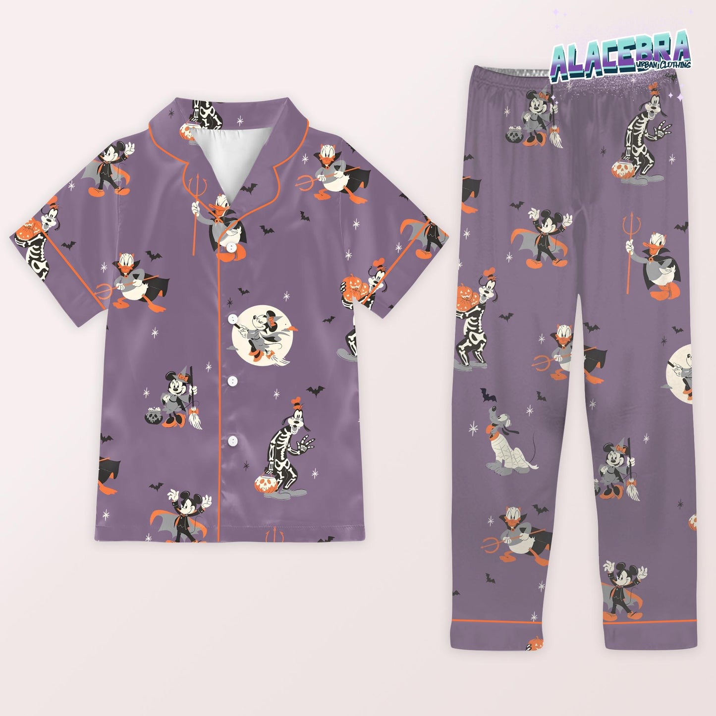 Halloween Cartoon Pajama Set | Purple Long Sleeve And Pants Sleepwear | Spooky Cute Pumpkin & Bat Print Nightwear