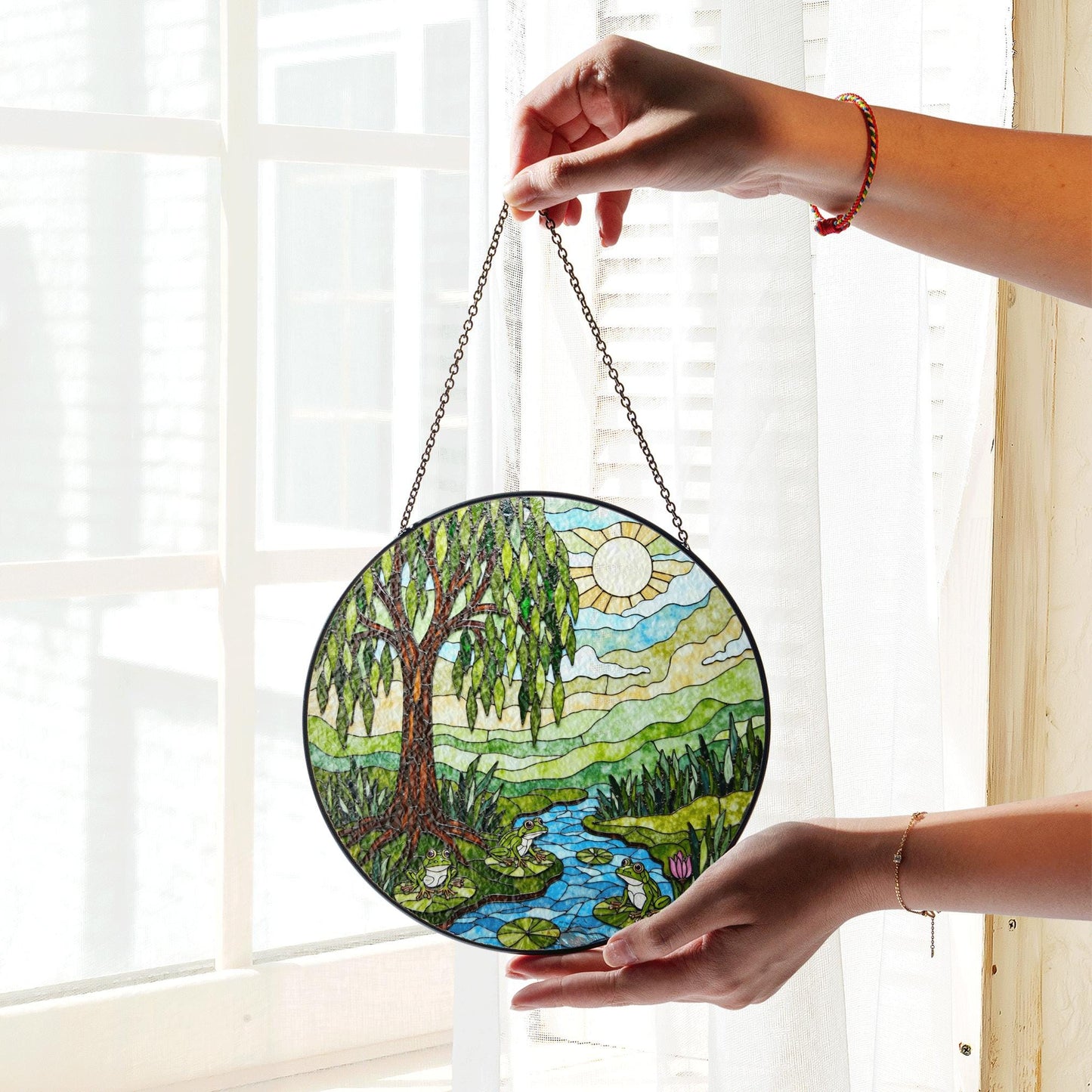 Suncatcher stained glass willow tree pond frogs nature scene gift for mom Mothers Day gift