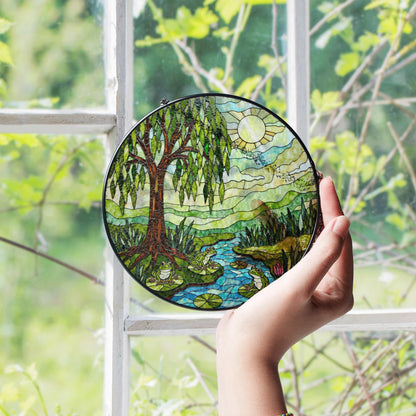 Suncatcher stained glass willow tree pond frogs nature scene gift for mom Mothers Day gift