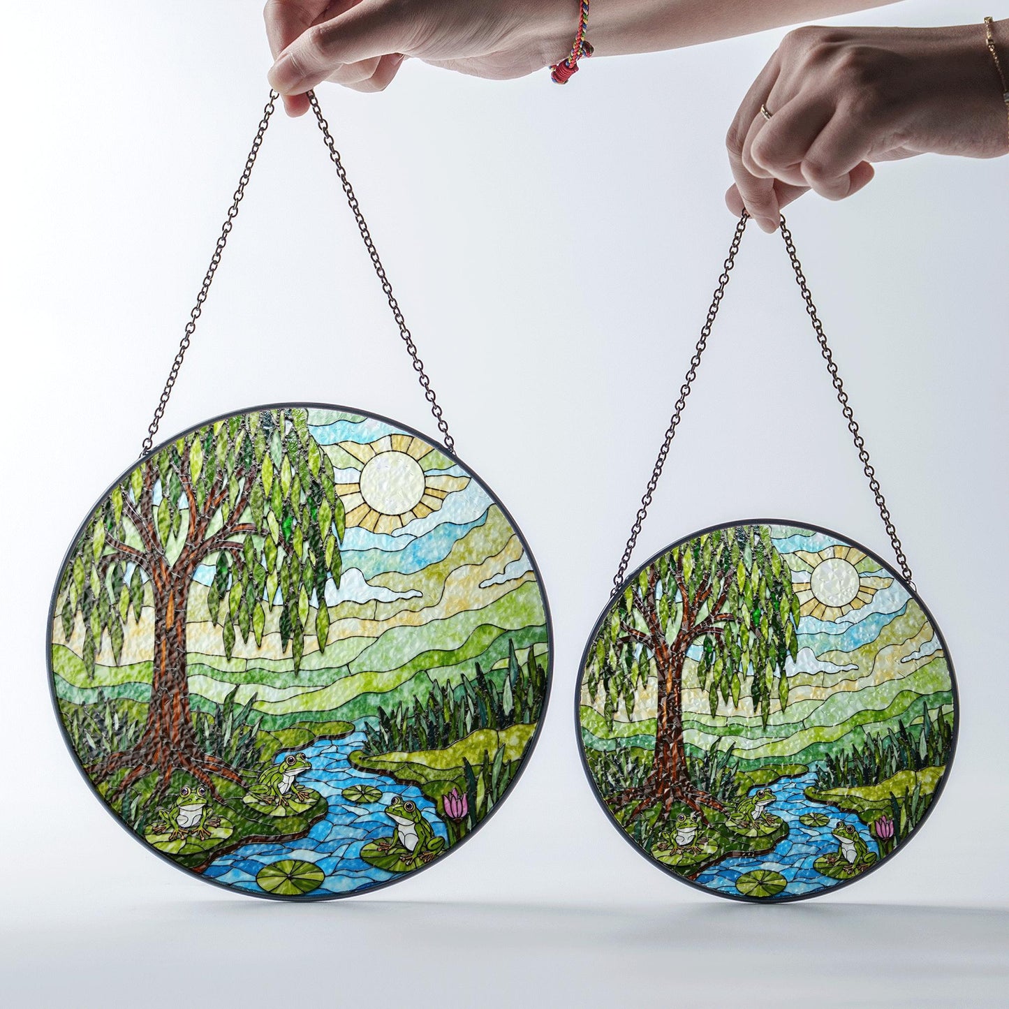 Suncatcher stained glass willow tree pond frogs nature scene gift for mom Mothers Day gift