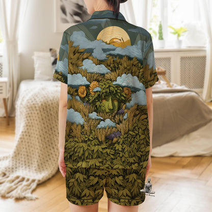 Mother Earth Pajama Set Short Sleeves, Demeter Goddess of the Harvest Woman's Satin Pajama Short Sleeve
