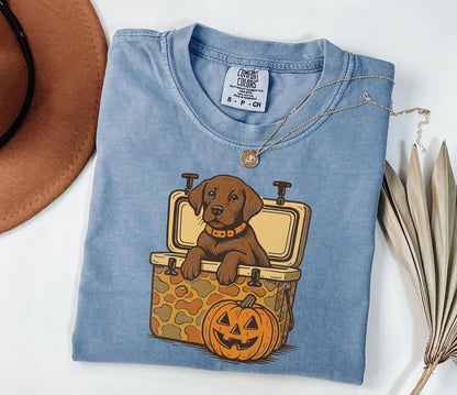 Comfort Colors® Brown Lab Halloween Shirt, Dog in Camo Cooler Shirt with Pumpkin Face, Fall Hunting Dog Shirt,Southern Spooky Halloween Tee