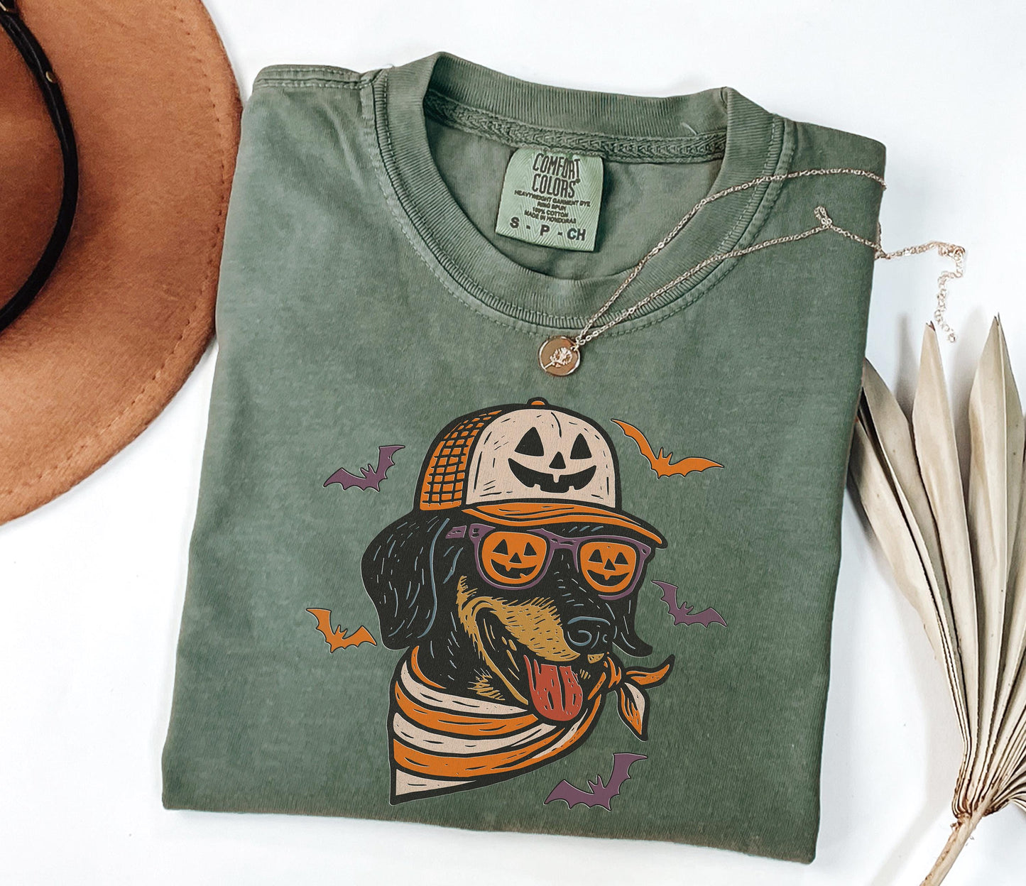 Comfort Colors® Halloween Cool Dog Shirt, Dachshund with Pumpkin Trucker Hat and Sunglasses Shirt, Funny Fall Halloween Shirt for Dog Lovers