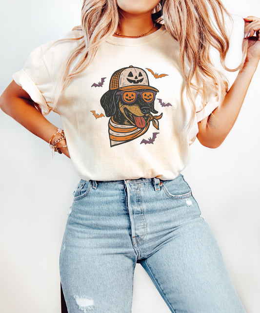 Comfort Colors® Halloween Cool Dog Shirt, Dachshund with Pumpkin Trucker Hat and Sunglasses Shirt, Funny Fall Halloween Shirt for Dog Lovers