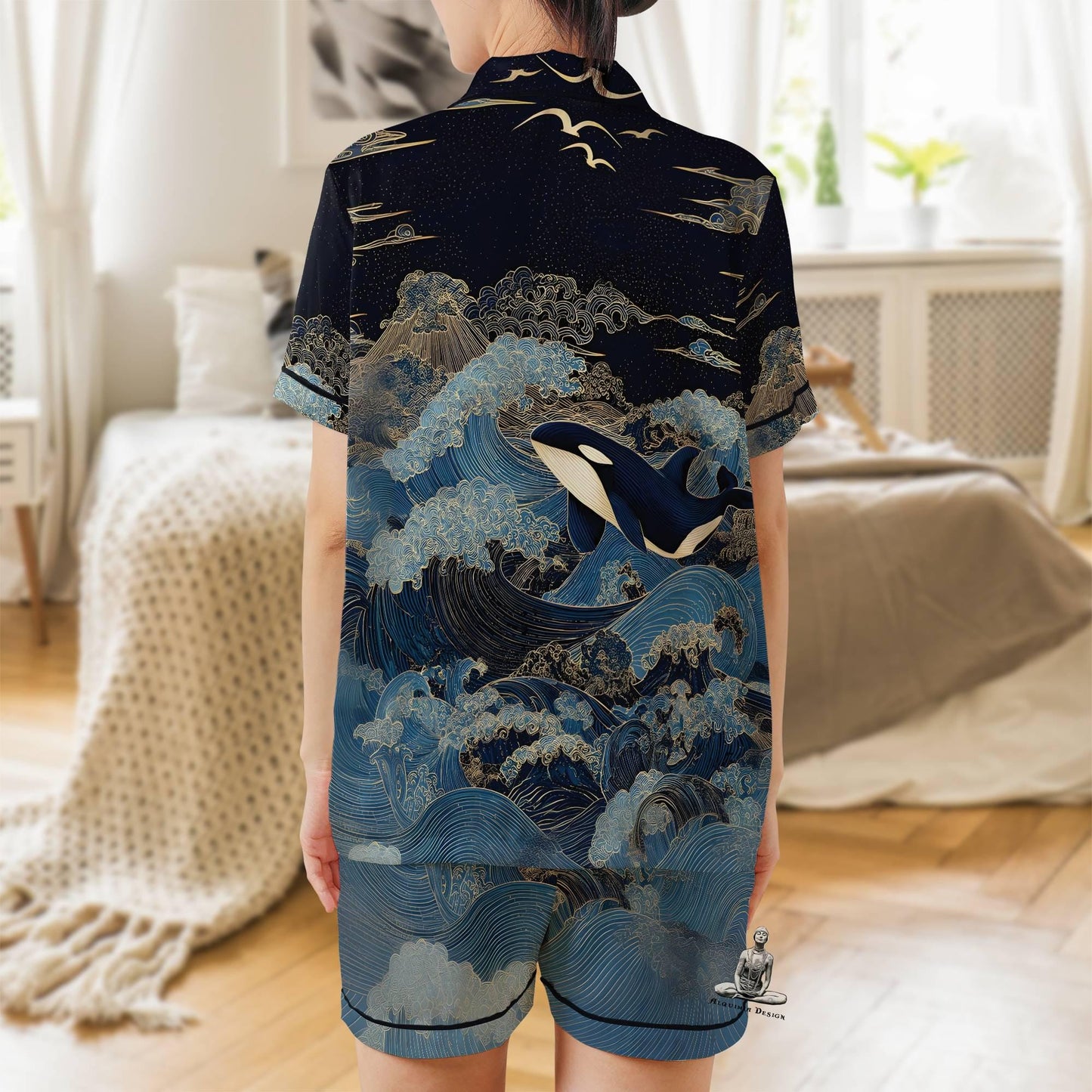 Orca Pajama Set Short Sleeves, Killer Whale Woman's Satin Pajama Short Sleeve Ocean Lover Gift