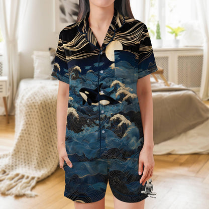 Orca Pajama Set Short Sleeves, Killer Whale Woman's Satin Pajama Short Sleeve Ocean Lover Gift