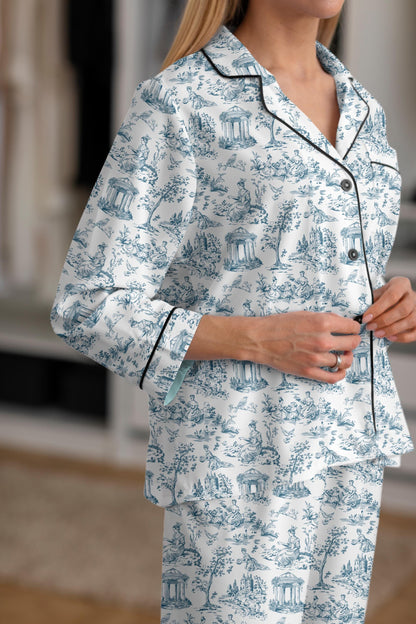 Toile de Jouy Bridal Pajama Set | Elegant Getting Ready Outfit | White & Blue Wedding PJs | Bride Satin Sleepwear | Matching Set