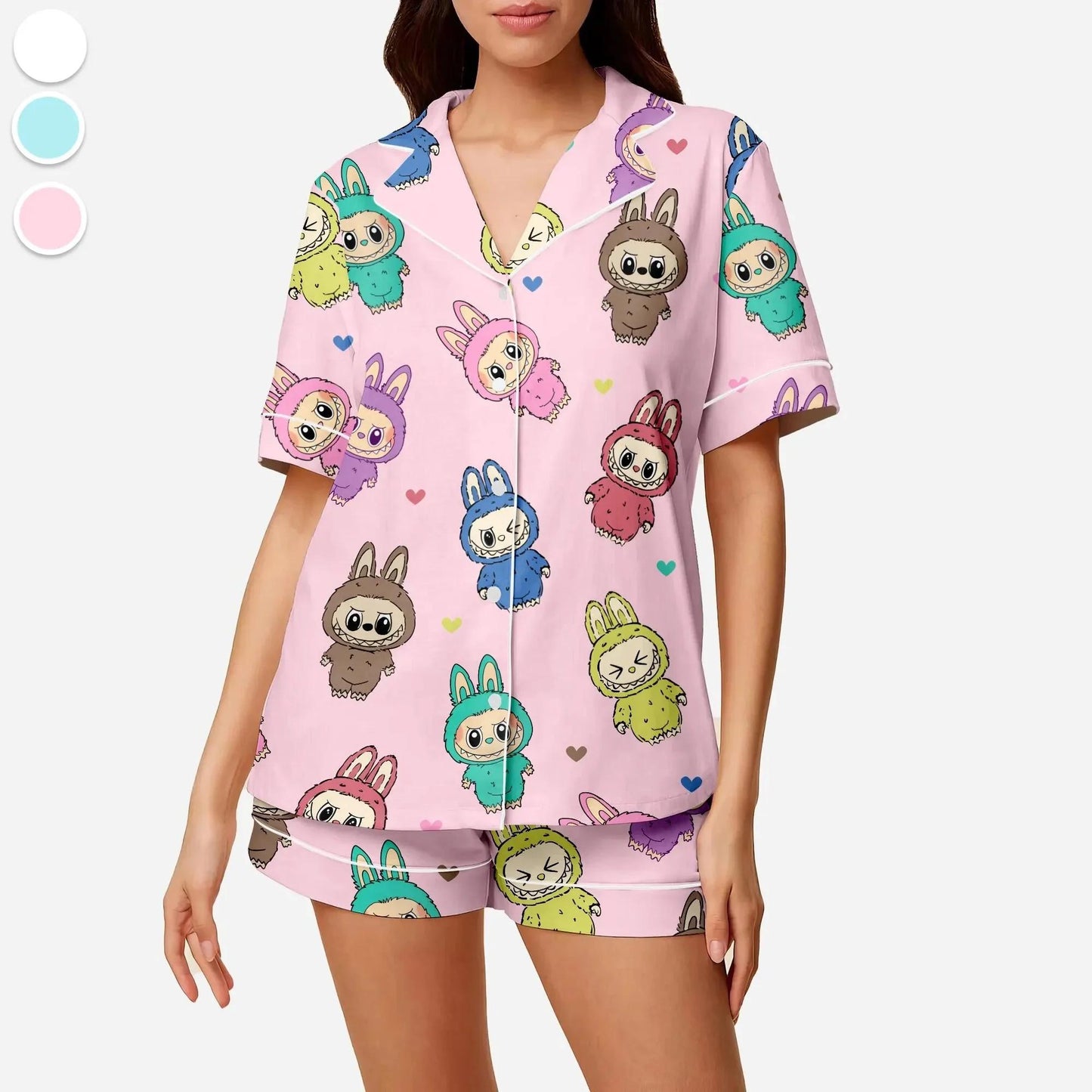 Labubu Horror Satin Pajamas Set, Horror Character Pajamas, Button Up Sleepwear  Pajamas Set