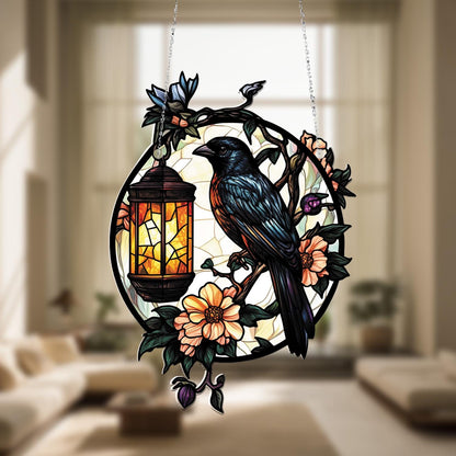 Elegant Bird and Lantern Round Hanging Panel with Floral Design for Window or Wall Decoration, Perfect Gift for Nature Lovers