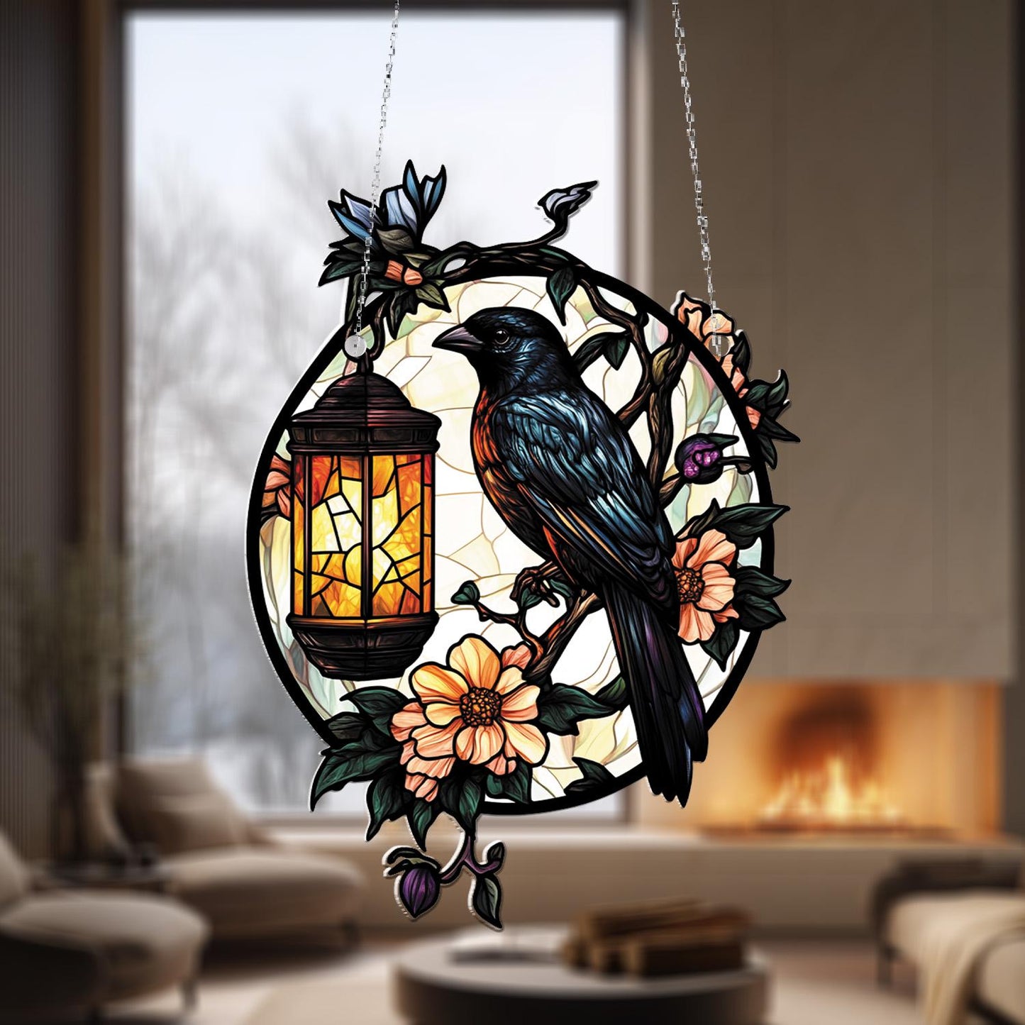 Elegant Bird and Lantern Round Hanging Panel with Floral Design for Window or Wall Decoration, Perfect Gift for Nature Lovers