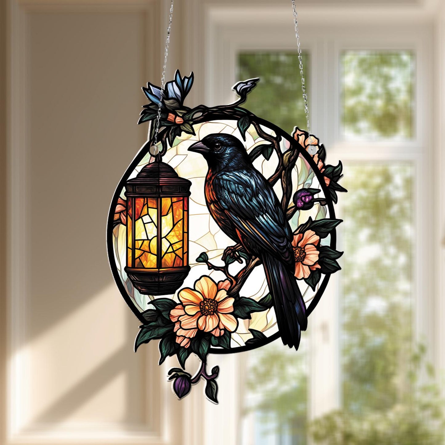 Elegant Bird and Lantern Round Hanging Panel with Floral Design for Window or Wall Decoration, Perfect Gift for Nature Lovers