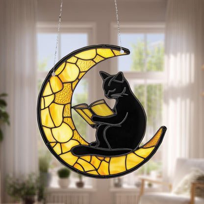 Black Cat Reading on Crescent Moon Hanging Panel with Yellow Mosaic Design, Unique Window or Wall Art for Book and Cat Lovers