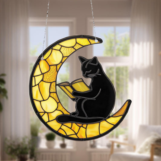 Black Cat Reading on Crescent Moon Hanging Panel with Yellow Mosaic Design, Unique Window or Wall Art for Book and Cat Lovers