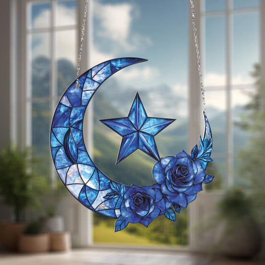 Blue Crescent Moon and Star Hanging Panel with Rose Design, Elegant Window or Wall Art for Home, Garden, and Celestial Lovers