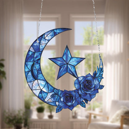 Blue Crescent Moon and Star Hanging Panel with Rose Design, Elegant Window or Wall Art for Home, Garden, and Celestial Lovers