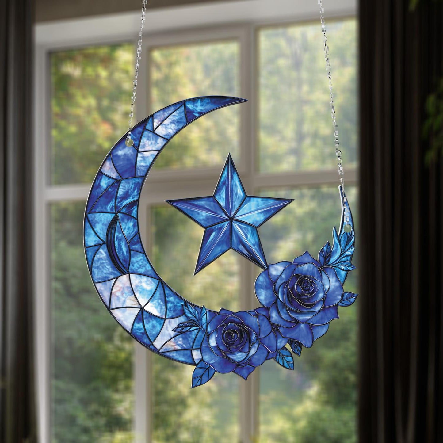 Blue Crescent Moon and Star Hanging Panel with Rose Design, Elegant Window or Wall Art for Home, Garden, and Celestial Lovers