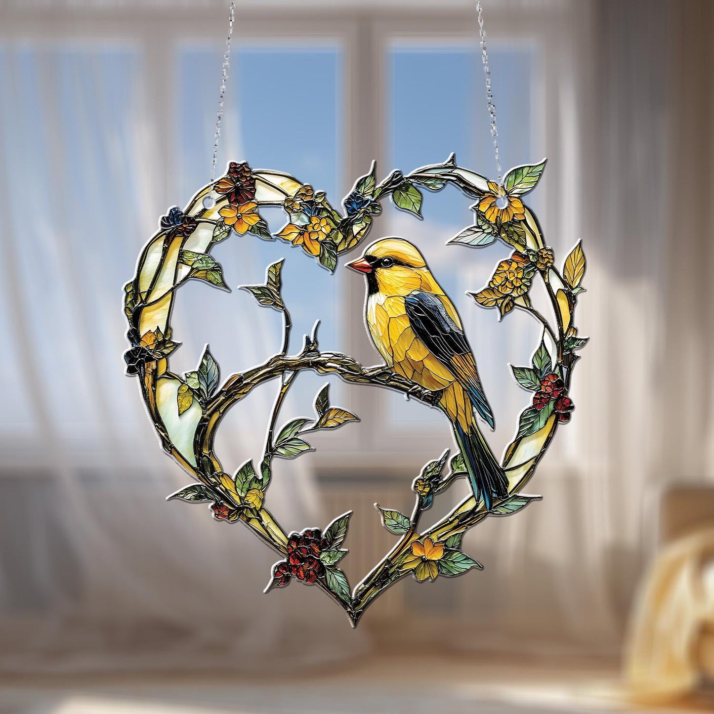 Yellow Bird on Heart-Shaped Floral Vine Hanging Panel, Nature-Inspired Window or Wall Art, Perfect Gift for Bird and Garden Lovers
