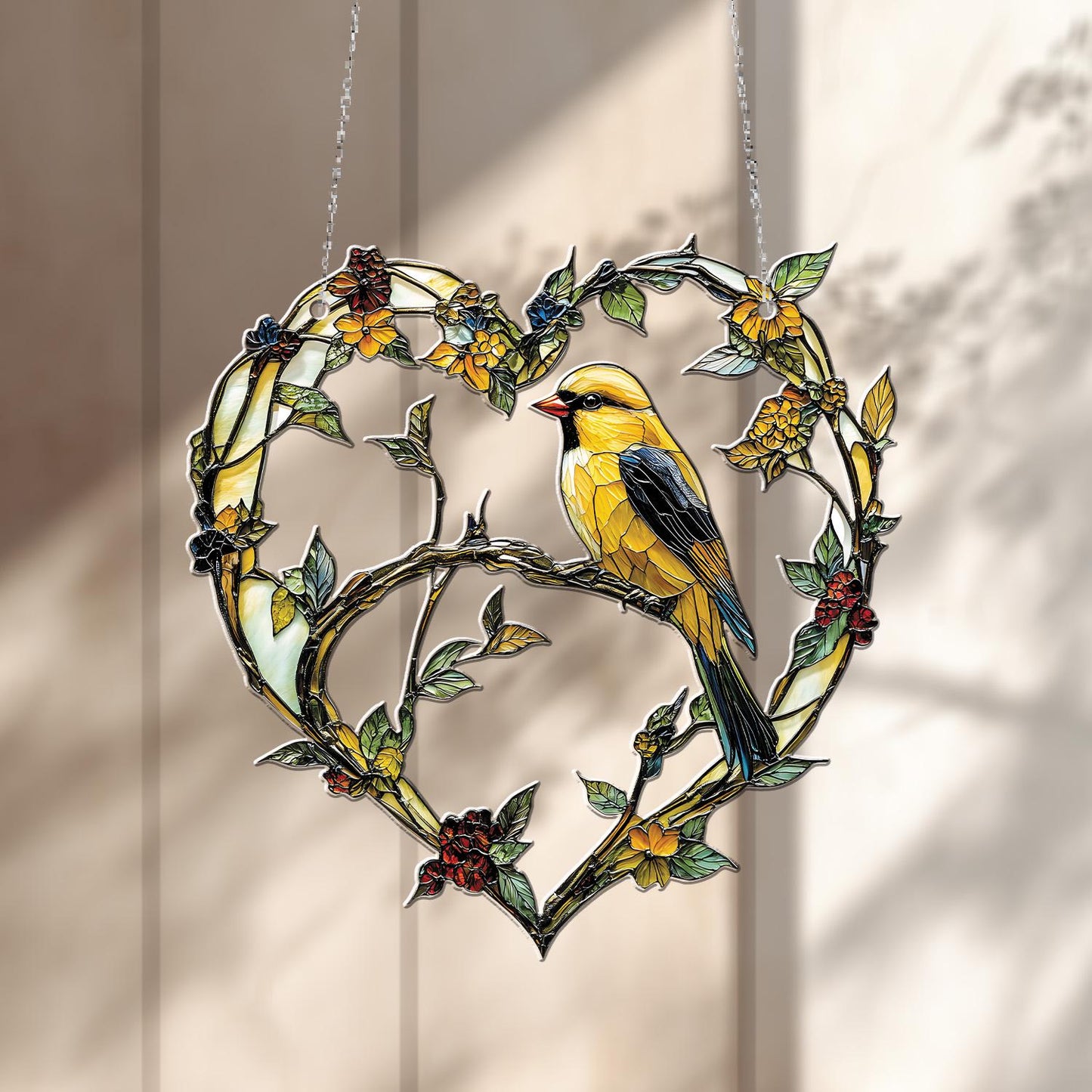 Yellow Bird on Heart-Shaped Floral Vine Hanging Panel, Nature-Inspired Window or Wall Art, Perfect Gift for Bird and Garden Lovers