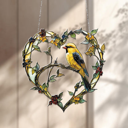 Yellow Bird on Heart-Shaped Floral Vine Hanging Panel, Nature-Inspired Window or Wall Art, Perfect Gift for Bird and Garden Lovers