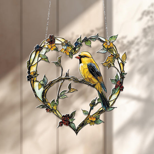 Yellow Bird on Heart-Shaped Floral Vine Hanging Panel, Nature-Inspired Window or Wall Art, Perfect Gift for Bird and Garden Lovers