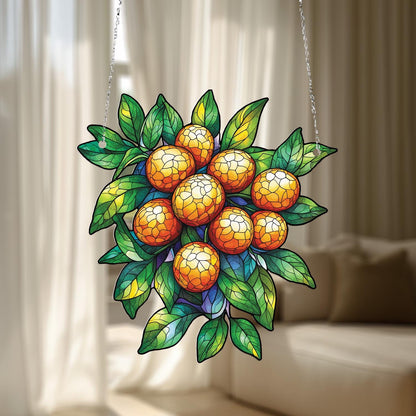Orange Fruit and Leaf Cluster Hanging Panel, Vibrant Window or Wall Art for Kitchen, Dining Room, and Nature-Inspired Home Décor