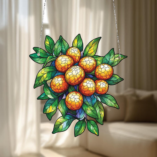 Orange Fruit and Leaf Cluster Hanging Panel, Vibrant Window or Wall Art for Kitchen, Dining Room, and Nature-Inspired Home Décor
