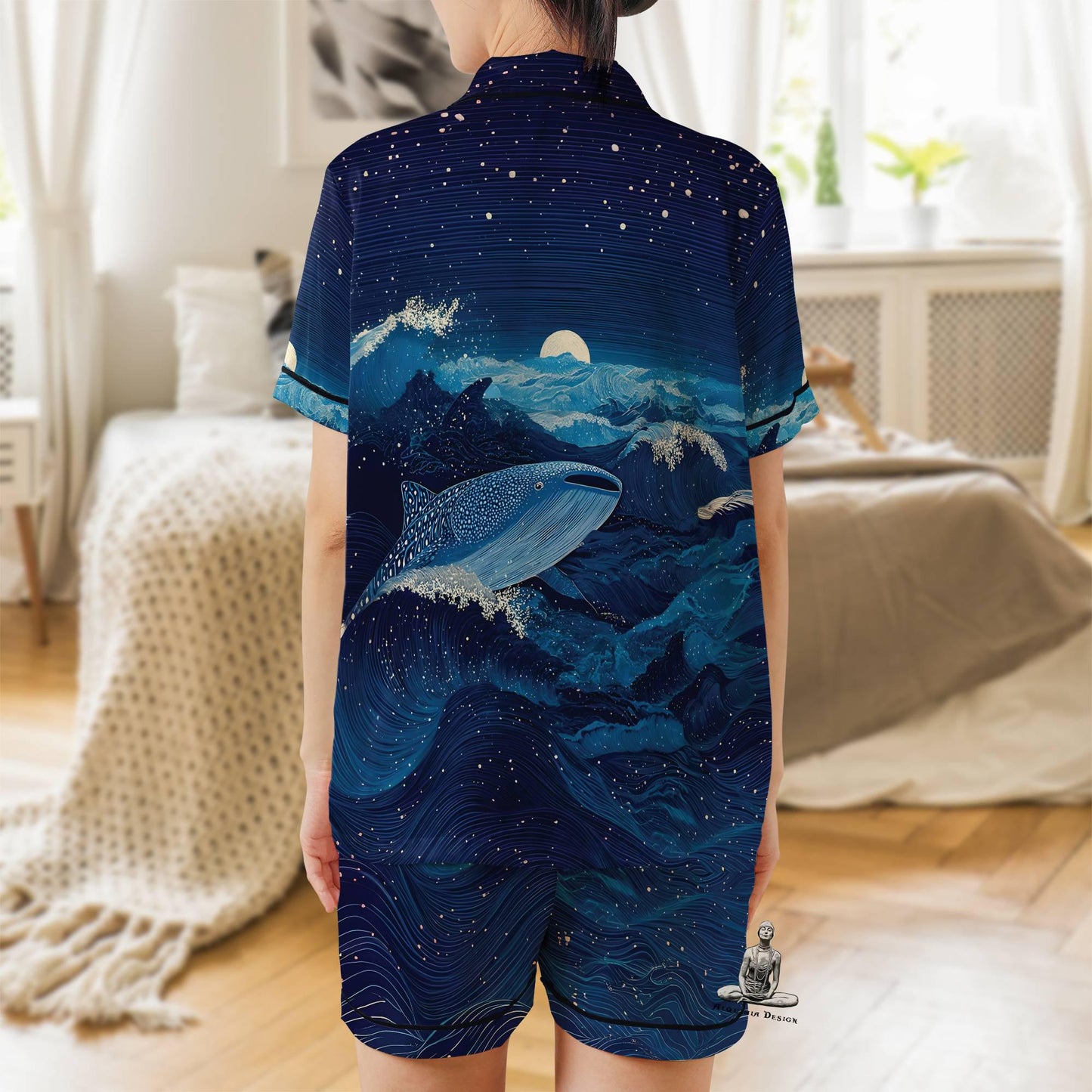 Whale Shark Pajama Set Short Sleeves, Whale Shark Woman's Satin Pajama Short Sleeve Ocean Lover Gift Sea Life Ocean Animals
