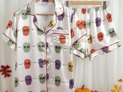 Spooky Jack O'Lantern Satin Pajamas Set, Halloween Pajamas, Halloween Skull Pajamas, Skull String Lights Pjs, Spooky Season, Trick or Treat