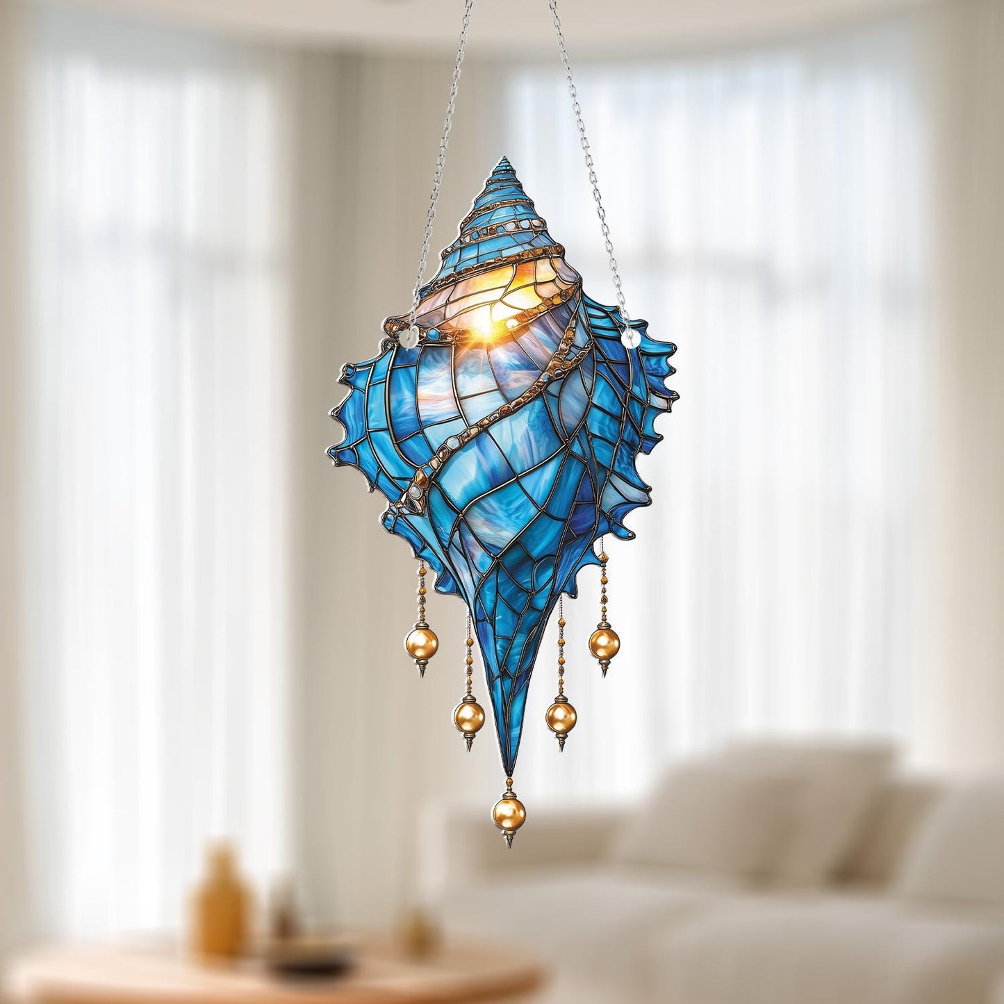 Blue Seashell Window Hanging with Elegant Dangling Beads, Ocean Nautical Decor for Beach Lovers, Summer Gift for Her, Coastal Home Accent