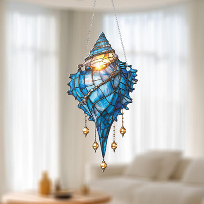 Blue Seashell Window Hanging with Elegant Dangling Beads, Ocean Nautical Decor for Beach Lovers, Summer Gift for Her, Coastal Home Accent