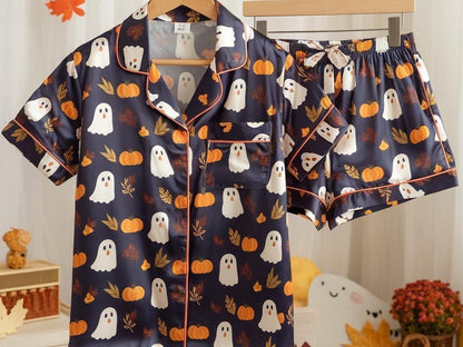 Cute Ghosts and Pumpkins Satin Pajamas Set, Ghost Pajamas, Ghost Pumpkin Pajamas, Cozy Fall Pajamas, Halloween Pajamas, Spooky Season Gift