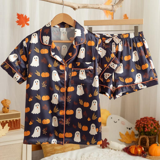 Cute Ghosts and Pumpkins Satin Pajamas Set, Ghost Pajamas, Ghost Pumpkin Pajamas, Cozy Fall Pajamas, Halloween Pajamas, Spooky Season Gift