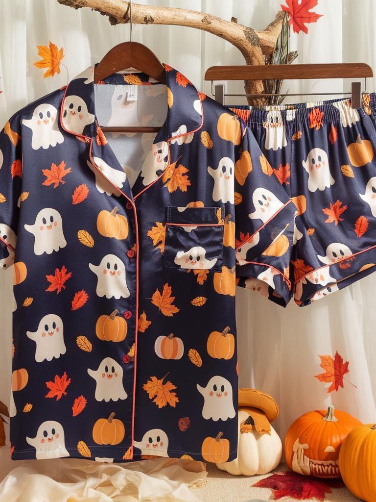 Cute Ghosts and Pumpkins Satin Pajamas Set, Ghost Pajamas, Cozy Fall Pajamas, Halloween Pajamas, Ghost Pumpkin Pajamas, Spooky Season Gift