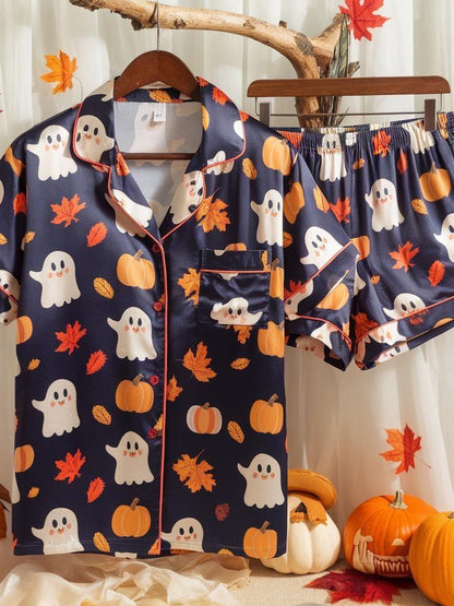 Cute Ghosts and Pumpkins Satin Pajamas Set, Ghost Pajamas, Cozy Fall Pajamas, Halloween Pajamas, Ghost Pumpkin Pajamas, Spooky Season Gift