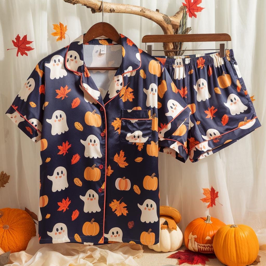 Cute Ghosts and Pumpkins Satin Pajamas Set, Ghost Pajamas, Cozy Fall Pajamas, Halloween Pajamas, Ghost Pumpkin Pajamas, Spooky Season Gift