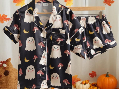 Cute Ghosts and Mushrooms Satin Pajamas Set, Ghost Pajamas, Mystical Pajamas Set, Mushroom Pajamas, Halloween Pajamas, Spooky Season Gift