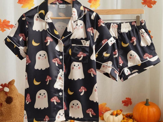 Cute Ghosts and Mushrooms Satin Pajamas Set, Ghost Pajamas, Mystical Pajamas Set, Mushroom Pajamas, Halloween Pajamas, Spooky Season Gift