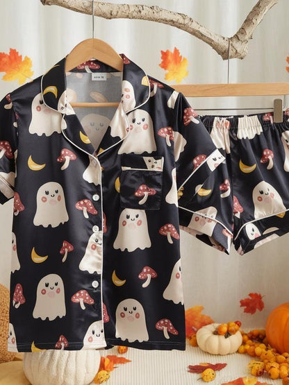 Cute Ghosts and Mushrooms Satin Pajamas Set, Ghost Pajamas, Mystical Pajamas Set, Mushroom Pajamas, Halloween Pajamas, Spooky Season Gift