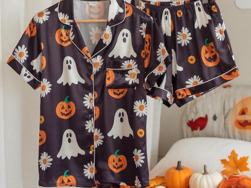Cute Ghosts, Pumpkins and Daisy Flowers Satin Pajamas Set, Ghost Pajamas, Cozy Fall Pajamas, Halloween Pajamas, Floral Halloween Pajamas Set