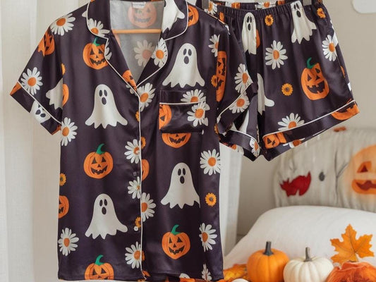 Cute Ghosts, Pumpkins and Daisy Flowers Satin Pajamas Set, Ghost Pajamas, Cozy Fall Pajamas, Halloween Pajamas, Floral Halloween Pajamas Set